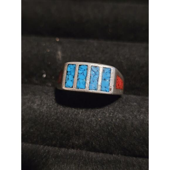 CRUSHED BLUE TURQUOISE CORAL VINTAGE 925 STERLING SILVER WOMEN'S RING SIZE 9.5 - Picture 1 of 14